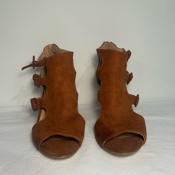 Madden Girl Brown Suede Open-Toe Heels with Buckles - Picture 1 of 5